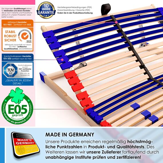 Stabiler Lattenrost 100% BUCHE Lattenrahmen - Kopfteil verstellbar - SCHULTERFRÄSUNG, 7 Zonen, 42 Federleisten, Härte-Regulierung, Mittelgurt - Vario Sleep Best 42® unmontiert (100x200cm)