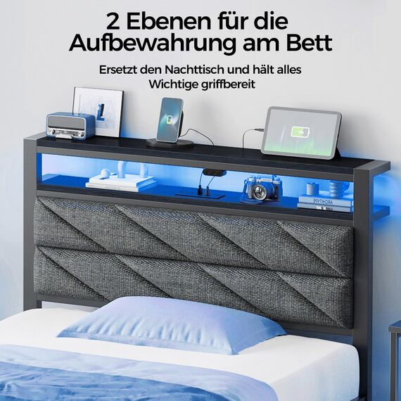 Seventable Bett 90x200 mit LED, Ladestation (2 USB-Anschlüsse & 1 Typ-C-Anschluss), Metallbett mit Gepolstertem Kopfteil & Stauraum, perfekt für Kinderzimmer, Jugendzimmer