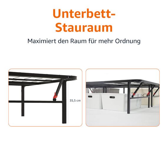 Amazon Basics Bettgestell, Klappbar, Pritsche, Werkzeuglose Montage, Unterbettstauraum, Einzelbett, 135 x 190 x 35.5 cm, Schwarz