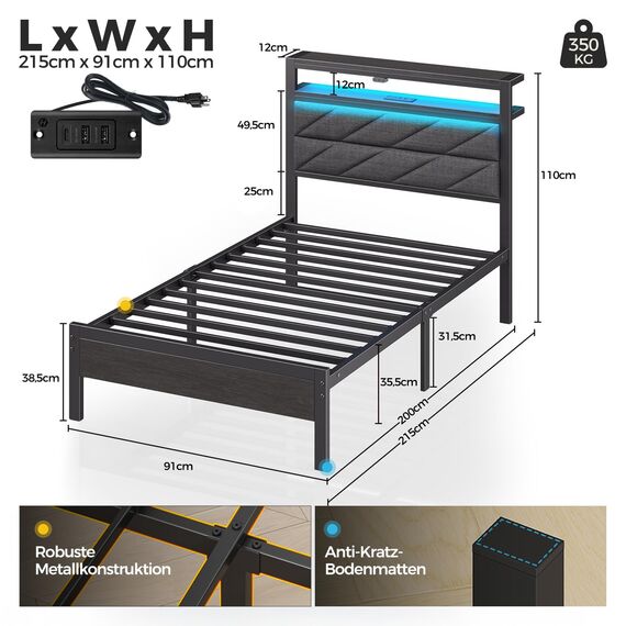 Seventable Bett 90x200 mit LED, Ladestation (2 USB-Anschlüsse & 1 Typ-C-Anschluss), Metallbett mit Gepolstertem Kopfteil & Stauraum, perfekt für Kinderzimmer, Jugendzimmer