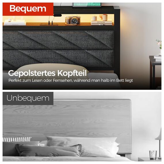 Seventable Bett 90x200 mit LED, Ladestation (2 USB-Anschlüsse & 1 Typ-C-Anschluss), Metallbett mit Gepolstertem Kopfteil & Stauraum, perfekt für Kinderzimmer, Jugendzimmer