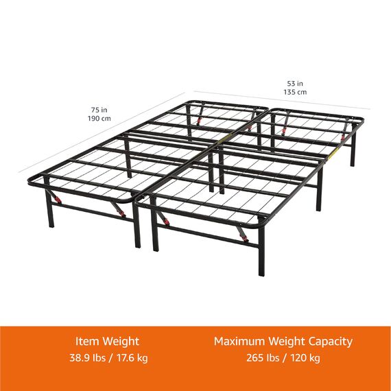 Amazon Basics Bettgestell, Klappbar, Pritsche, Werkzeuglose Montage, Unterbettstauraum, Einzelbett, 135 x 190 x 35.5 cm, Schwarz