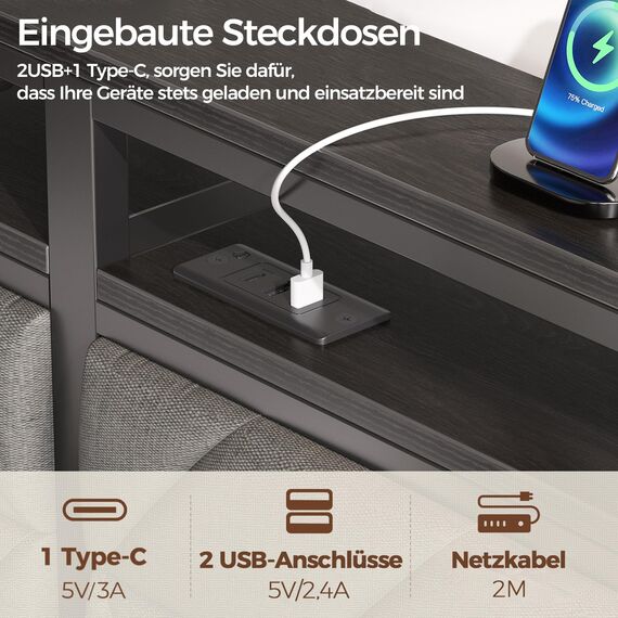 Seventable Bett 90x200 mit LED, Ladestation (2 USB-Anschlüsse & 1 Typ-C-Anschluss), Metallbett mit Gepolstertem Kopfteil & Stauraum, perfekt für Kinderzimmer, Jugendzimmer