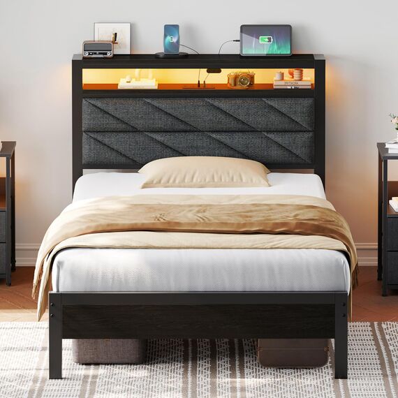 Seventable Bett 90x200 mit LED, Ladestation (2 USB-Anschlüsse & 1 Typ-C-Anschluss), Metallbett mit Gepolstertem Kopfteil & Stauraum, perfekt für Kinderzimmer, Jugendzimmer
