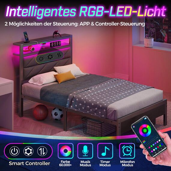 Seventable Bett 90x200 mit LED, Ladestation (2 USB-Anschlüsse & 1 Typ-C-Anschluss), Metallbett mit Gepolstertem Kopfteil & Stauraum, perfekt für Kinderzimmer, Jugendzimmer