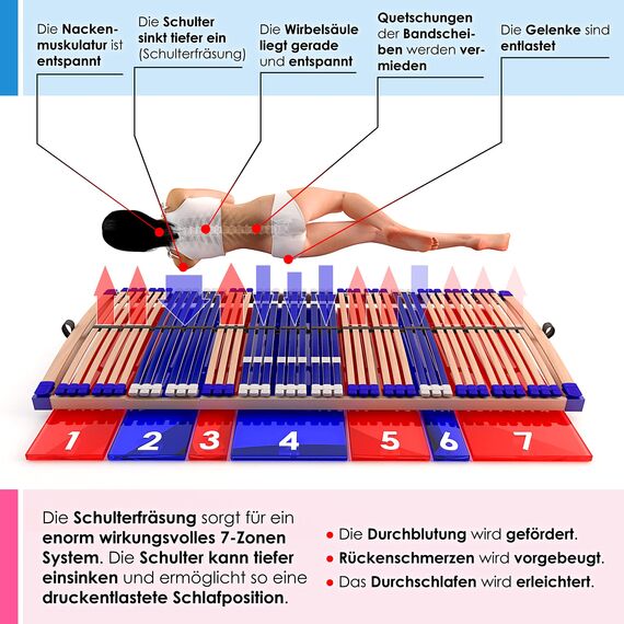elektrischer Lattenrost 100% BUCHE - Kopf- u. Fußteil elektrisch verstellbar - SCHULTERFRÄSUNG, 7 Zonen, 44 Federleisten, Härteregulierung, Mittelgurt - Motor Comfort 44® - fertig montiert (120x220)