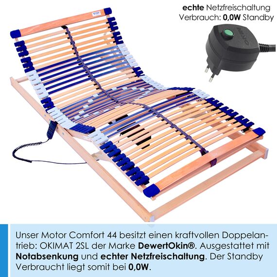 elektrischer Lattenrost 100% BUCHE - Kopf- u. Fußteil elektrisch verstellbar - SCHULTERFRÄSUNG, 7 Zonen, 44 Federleisten, Härteregulierung, Mittelgurt - Motor Comfort 44® - fertig montiert (130x220)