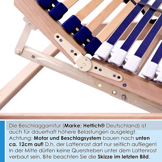 elektrischer Lattenrost 100% BUCHE - Kopf- u. Fußteil elektrisch verstellbar - SCHULTERFRÄSUNG, 7 Zonen, 44 Federleisten, Härteregulierung, Mittelgurt - Motor Comfort 44® - fertig montiert (80x200)