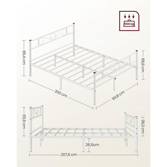 VASAGLE Bettgestell, 160 x 200 cm, mit Metallrost, für 2 Personen, aus Metall, einfache Montage, für kleine Räume, Gästezimmer, Jugendzimmer, Weiß RMB065W01