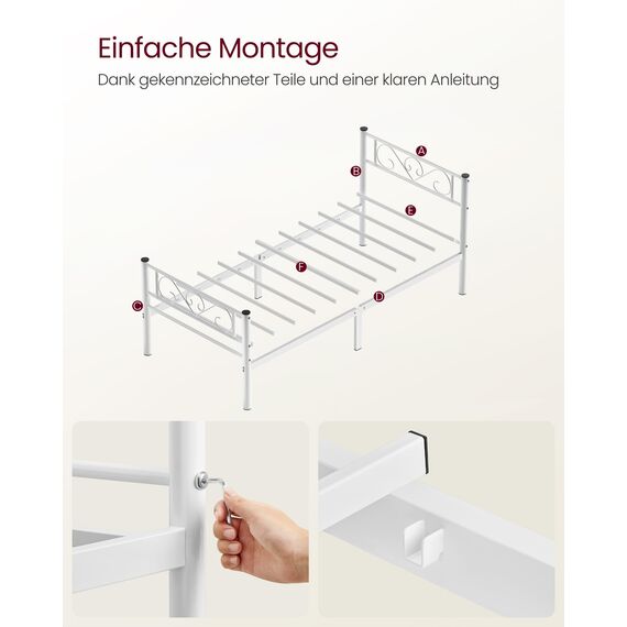 VASAGLE Bett 90 x 190 cm, Gästebett, Einzelbett aus Metall, Bettgestell, Bettrahmen, Metallbett, einfache Montage, weiß RMB061W01