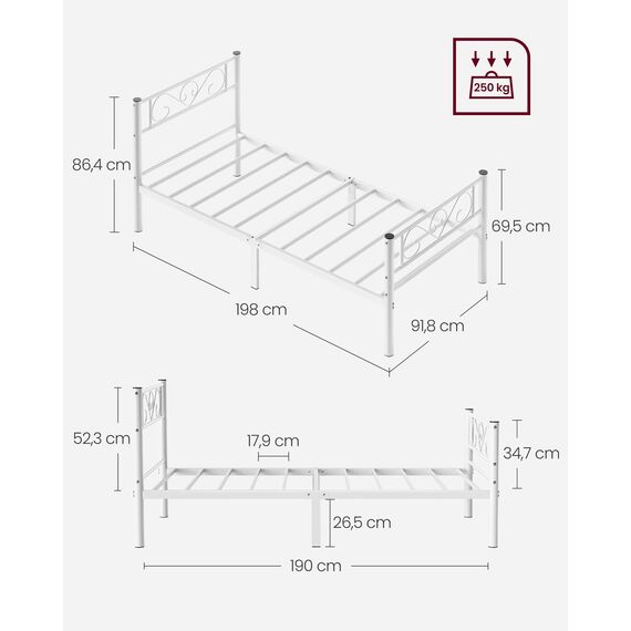 VASAGLE Bett 90 x 190 cm, Gästebett, Einzelbett aus Metall, Bettgestell, Bettrahmen, Metallbett, einfache Montage, weiß RMB061W01