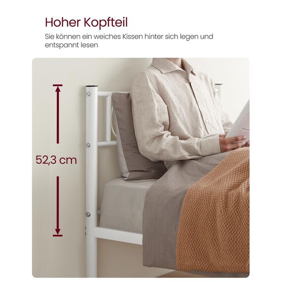 VASAGLE Bett 90 x 190 cm, Gästebett, Einzelbett aus Metall, Bettgestell, Bettrahmen, Metallbett, einfache Montage, weiß RMB061W01