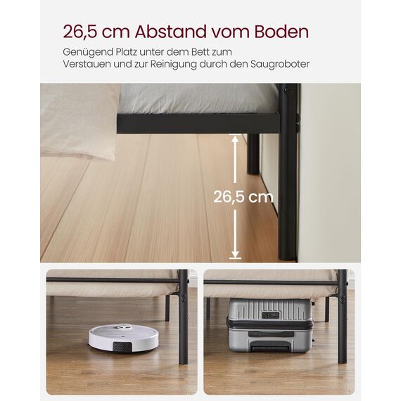 VASAGLE Bett 90 x 200 cm, Gästebett, Einzelbett aus Metall, Bettgestell, Bettrahmen, Metallbett, einfache Montage, tintenschwarz RMB062B01
