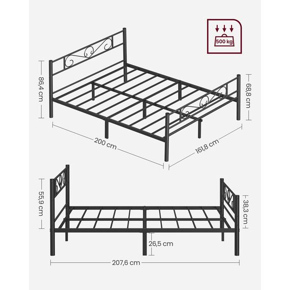 VASAGLE Doppelbettgestell, Bettrahmen, Bettgestell aus Metall, passend für 160 x 200 cm Matratze, Gästebett, einfache Montage, für kleine Räume, tintenschwarz RMB065B01