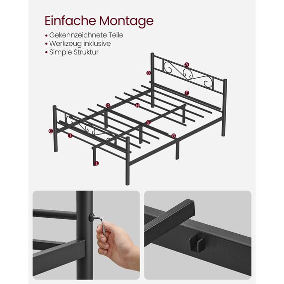 VASAGLE Bett 140 x 200 cm, Gästebett, Doppelbett aus Metall, Bettgestell, Bettrahmen, Metallbett, einfache Montage, tintenschwarz RMB064B01