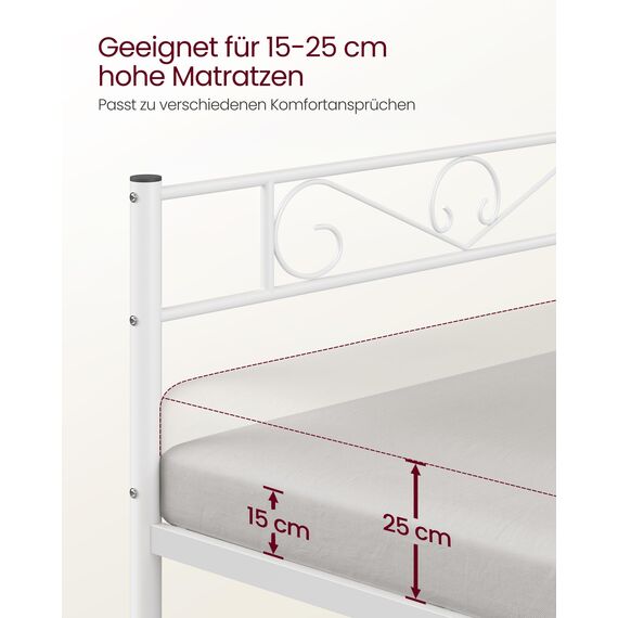 VASAGLE Bett 90 x 190 cm, Gästebett, Einzelbett aus Metall, Bettgestell, Bettrahmen, Metallbett, einfache Montage, weiß RMB061W01