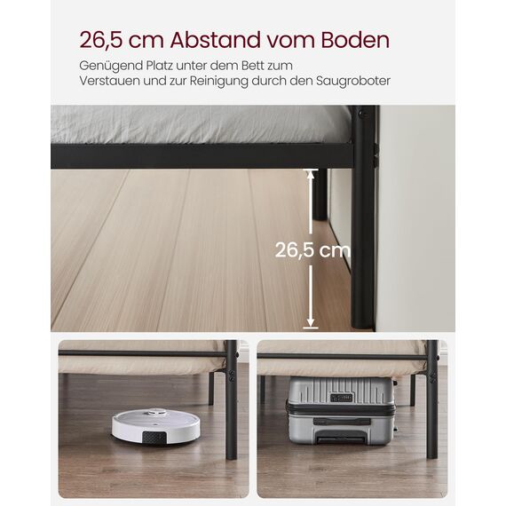 VASAGLE Bett 140 x 200 cm, Gästebett, Doppelbett aus Metall, Bettgestell, Bettrahmen, Metallbett, einfache Montage, tintenschwarz RMB064B01