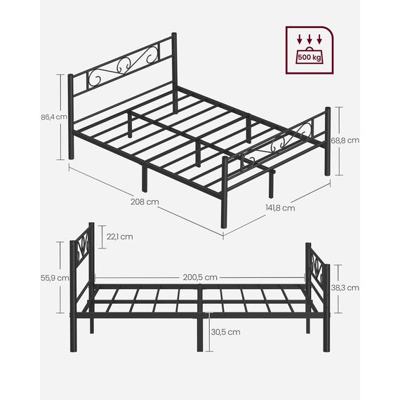 VASAGLE Bett 140 x 200 cm, Gästebett, Doppelbett aus Metall, Bettgestell, Bettrahmen, Metallbett, einfache Montage, tintenschwarz RMB064B01