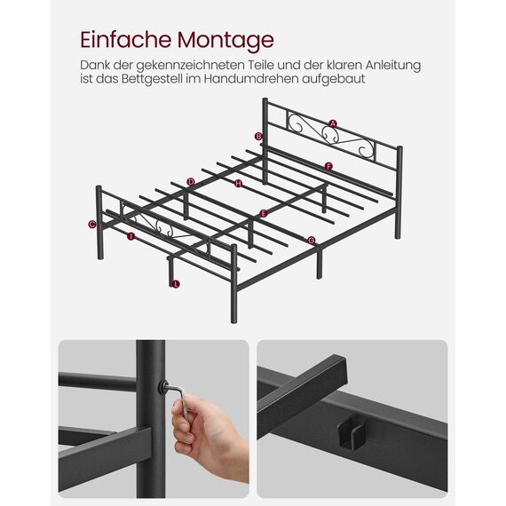 VASAGLE Doppelbettgestell, Bettrahmen, Bettgestell aus Metall, passend für 160 x 200 cm Matratze, Gästebett, einfache Montage, für kleine Räume, tintenschwarz RMB065B01