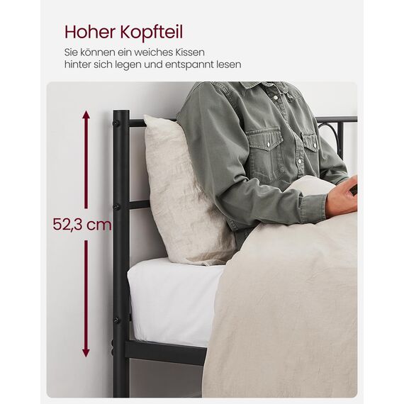 VASAGLE Bett 140 x 200 cm, Gästebett, Doppelbett aus Metall, Bettgestell, Bettrahmen, Metallbett, einfache Montage, tintenschwarz RMB064B01