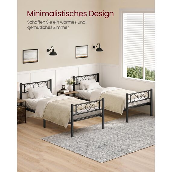 VASAGLE Bett 90 x 200 cm, Gästebett, Einzelbett aus Metall, Bettgestell, Bettrahmen, Metallbett, einfache Montage, tintenschwarz RMB062B01