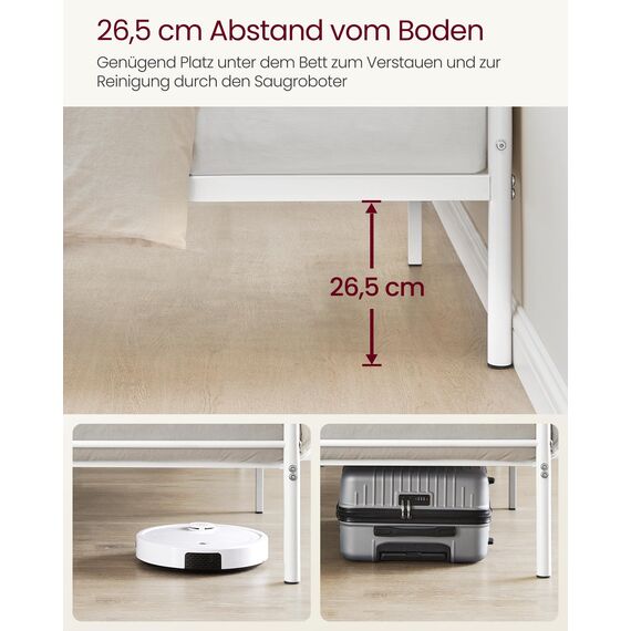 VASAGLE Bett 90 x 190 cm, Gästebett, Einzelbett aus Metall, Bettgestell, Bettrahmen, Metallbett, einfache Montage, weiß RMB061W01