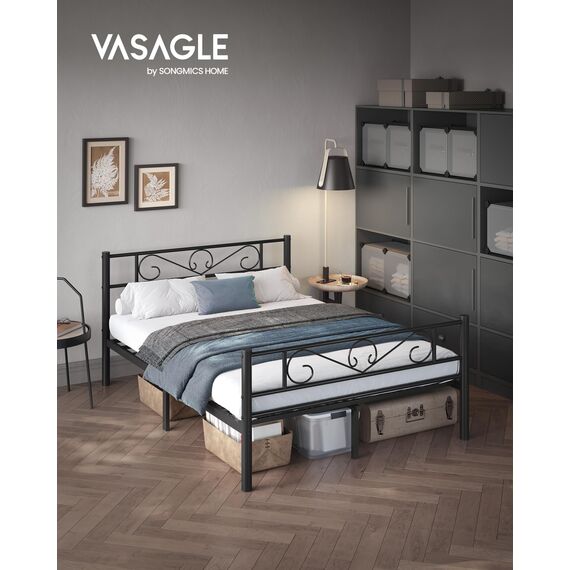 VASAGLE Bett 140 x 200 cm, Gästebett, Doppelbett aus Metall, Bettgestell, Bettrahmen, Metallbett, einfache Montage, tintenschwarz RMB064B01
