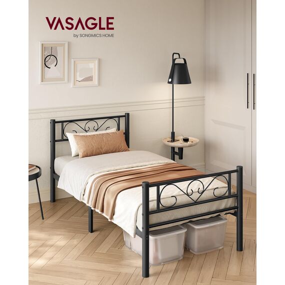 VASAGLE Bett 90 x 200 cm, Gästebett, Einzelbett aus Metall, Bettgestell, Bettrahmen, Metallbett, einfache Montage, tintenschwarz RMB062B01