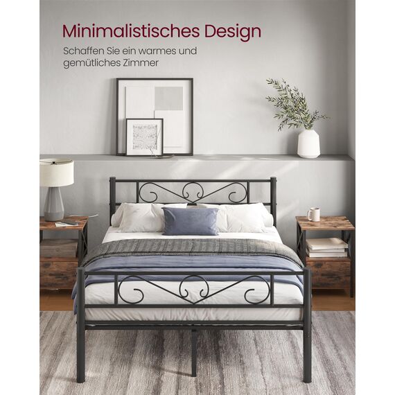 VASAGLE Bett 140 x 200 cm, Gästebett, Doppelbett aus Metall, Bettgestell, Bettrahmen, Metallbett, einfache Montage, tintenschwarz RMB064B01