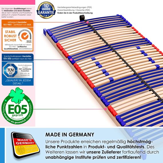 stabiler Lattenrost 100% BUCHE Lattenrahmen - nicht verstellbar, starr - SCHULTERFRÄSUNG, 7 Zonen, 42 Federleisten, Härte-Regulierung, Mittelgurt - FIX SLEEP BEST 42® unmontiert (140x190cm)