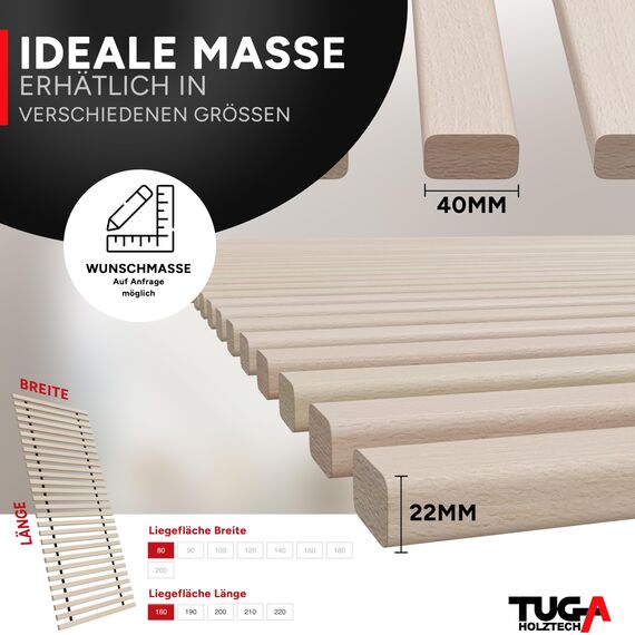 TUGA - Holztech Rollrost Buche Lattenrost 100 x 210 cm 31 Leisten, 22mm bis 650kg unbehandeltes Buchenholz unserer Wälder