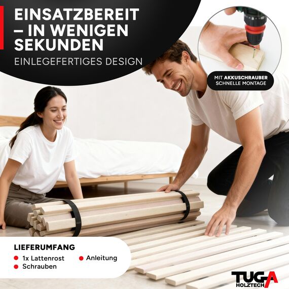 TUGA - Holztech Rollrost Buche Lattenrost 100 x 210 cm 31 Leisten, 22mm bis 650kg unbehandeltes Buchenholz unserer Wälder