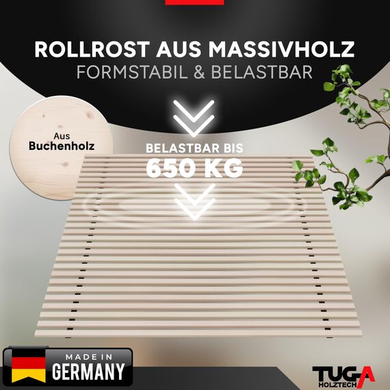 TUGA - Holztech Rollrost Buche Lattenrost 100 x 210 cm 31 Leisten, 22mm bis 650kg unbehandeltes Buchenholz unserer Wälder