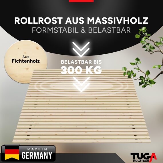 TUGA - Holztech Rollrost 31 LEISTEN 300Kg 80 x 220 cm Lattenrost Rolllattenrost Bettrost Qualität aus Deutschland