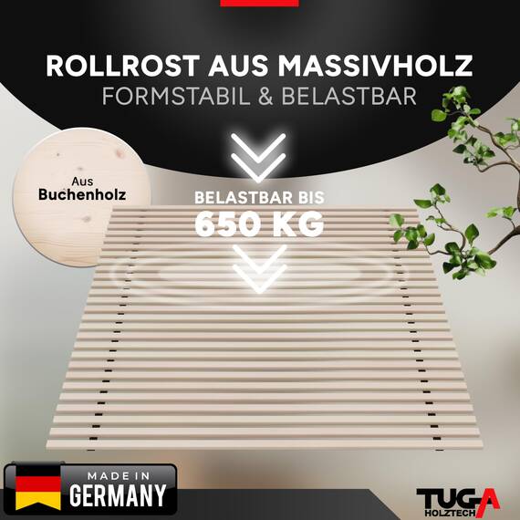 TUGA - Holztech Rollrost Buche Lattenrost 200 x 220 cm (2X 100 x 220 cm) 31 Leisten, 22mm bis 650kg unbehandeltes Buchenholz unserer Wälder