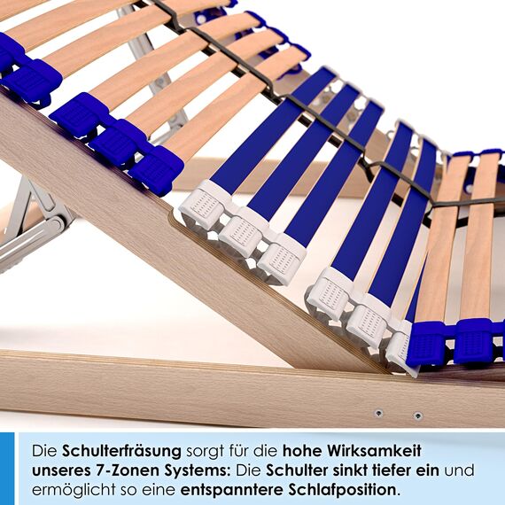 Stabiler Lattenrost 100% BUCHE - Kopf- und Fußteil verstellbar - SCHULTERFRÄSUNG, 7 Zonen, 44 Federleisten, Härte-Regulierung, Mittelgurt - Comfort 44® Vario - 100% fertig montiert (80x210cm)