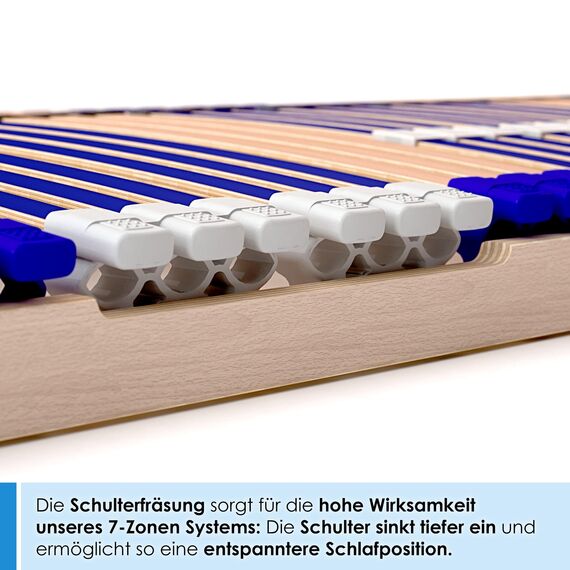 stabiler Lattenrost 100% BUCHE Lattenrahmen - nicht verstellbar, starr - SCHULTERFRÄSUNG, 7 Zonen, 44 Federleisten, Härte-Regulierung, Mittelgurt - FIX COMFORT 44® - fertig montiert (70x210cm)