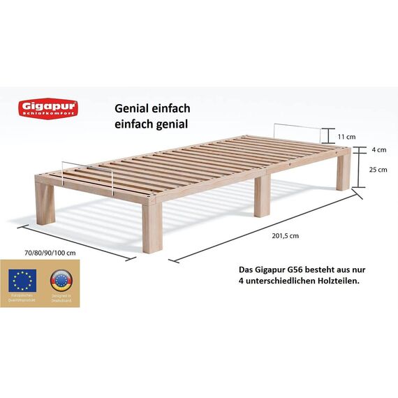 Gigapur Kiefer massiv Holzbett G56, naturbelassen, Liegefläche 210x200 cm, mit Standardfuß 25 cm Höhe, inkl. Lattenrost und Matratzenbügeln, Best. aus 3X 70 x 200 cm