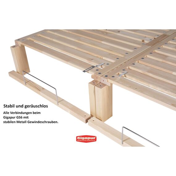 Gigapur Kiefer massiv Holzbett G56, naturbelassen, Liegefläche 250x200 cm, mit Standardfuß 25 cm Höhe, inkl. Lattenrost und Matratzenbügeln, Best. aus 1x 70 x 200 cm, 2X 90 x 200 cm