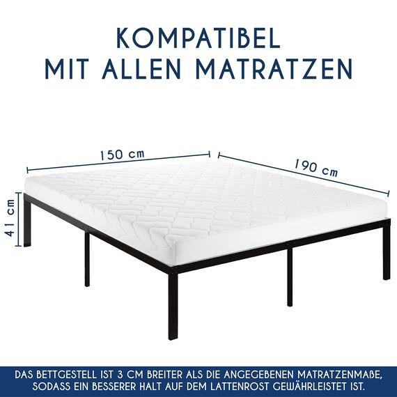 Dreamzie Bett 150x190 mit Lattenrost Metall 41cm Bettgestell Robust, Leichte Montage, Umfangreicher Stauraum - Metallbett