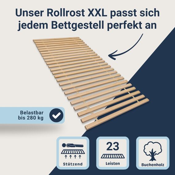 Madera Rollrost XXL mit 23 extra stabilen Leisten aus massiven Buchenholz, belastbar bis ca. 280 kg Größe 70 x 200 cm
