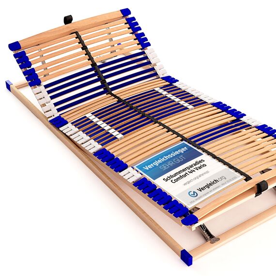 Stabiler Lattenrost 100% BUCHE - Kopf- und Fußteil verstellbar - SCHULTERFRÄSUNG, 7 Zonen, 44 Federleisten, Härte-Regulierung, Mittelgurt - Comfort 44® Vario - 100% fertig montiert (90x200cm)