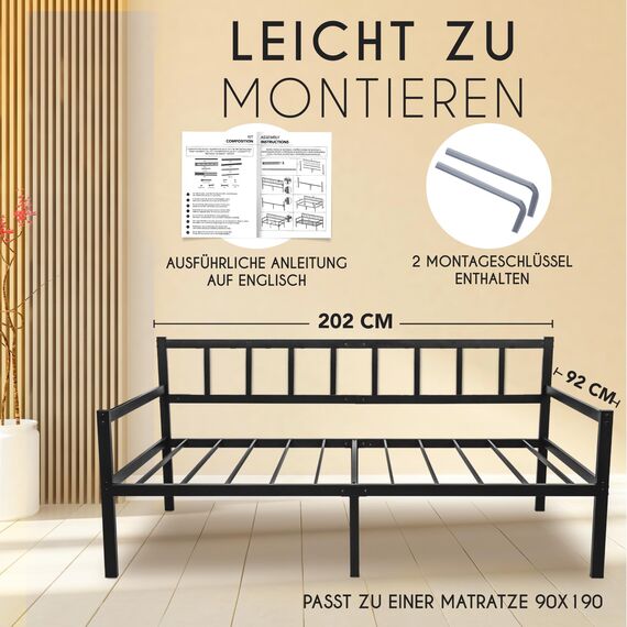 Dreamzie Tagesbett Metallbett 2-1 - Bettsofa 92x202cm - Bettgestell für Matratzen 90x190cm - Schlafsofa mit Lattenrost - Einzellbett - Metall Schwarz