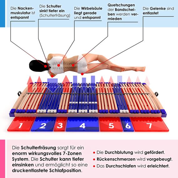 Stabiler Lattenrost 100% BUCHE - Kopf- und Fußteil verstellbar - SCHULTERFRÄSUNG, 7 Zonen, 44 Federleisten, Härte-Regulierung, Mittelgurt - Comfort 44® Vario - 100% fertig montiert (100x220cm)