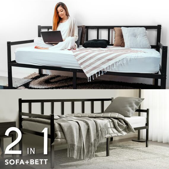Dreamzie Tagesbett Metallbett 2-1 - Bettsofa 92x212cm - Bettgestell für Matratzen 90x200cm - Schlafsofa mit Lattenrost - Einzellbett - Metall Schwarz