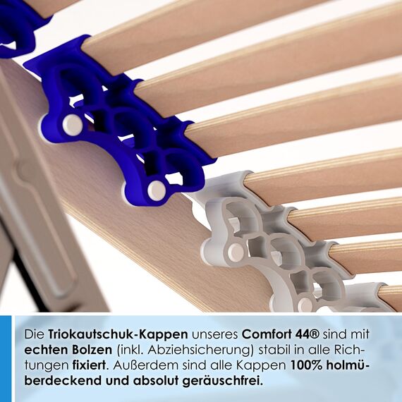 Stabiler Lattenrost 100% BUCHE - Kopf- und Fußteil verstellbar - SCHULTERFRÄSUNG, 7 Zonen, 44 Federleisten, Härte-Regulierung, Mittelgurt - Comfort 44® Vario - 100% fertig montiert (90x190cm)