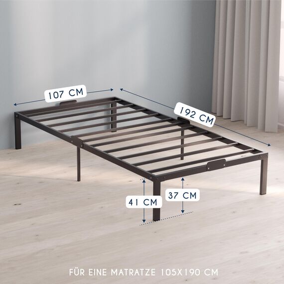 Dreamzie Bett 105x190 mit Lattenrost Metall 41cm Bettgestell Robust, Leichte Montage, Umfangreicher Stauraum - Metallbett