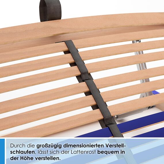 Stabiler Lattenrost 100% BUCHE - Kopf- und Fußteil verstellbar - SCHULTERFRÄSUNG, 7 Zonen, 44 Federleisten, Härte-Regulierung, Mittelgurt - Comfort 44® Vario - 100% fertig montiert (130x200cm)