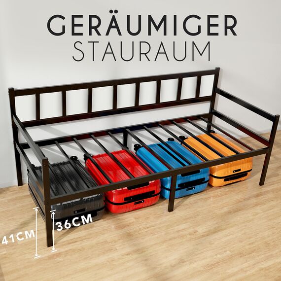 Dreamzie Tagesbett Metallbett 2-1 - Bettsofa 92x202cm - Bettgestell für Matratzen 90x190cm - Schlafsofa mit Lattenrost - Einzellbett - Metall Schwarz