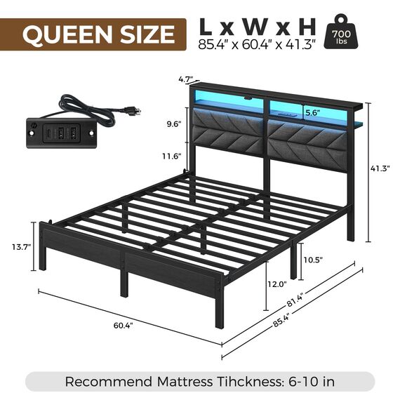 Seventable Bettrahmen Queen Size mit Ladestation, LED-Bett mit gepolstertem Stauraum, Metall-Plattformbett mit Stauraum unter dem Bett, kein Boxspringbett erforderlich, geräuschfrei, einfache Montage,